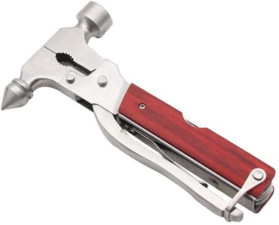 Multitool Hamer 12-in-1 - Survival Tool - RVS - Compact - Hout-Look Handvat - Noodhamer Auto - Camping Gereedschap - Klauwhamer - Tang - Draadsnijder - Schroevendraaier - Flessenopener - Outdoor Gadget - Vaderdag Cadeau