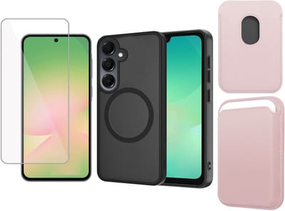 Hoesje + Pasjeshouder + Screenprotector geschikt voor Samsung Galaxy A17 5G / A26 Hoesje - Portemonnee Hoesje geschikt voor MagSafe - Magnetisch - Gehard Glas- Creditcardhouder - Rose