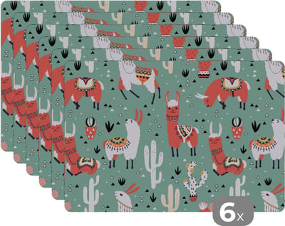 Placemat - Placemats kunststof - Lama - Patronen - Cactus - 45x30 cm - 6 stuks - Hittebestendig - Anti-Slip - Onderlegger - Afneembaar