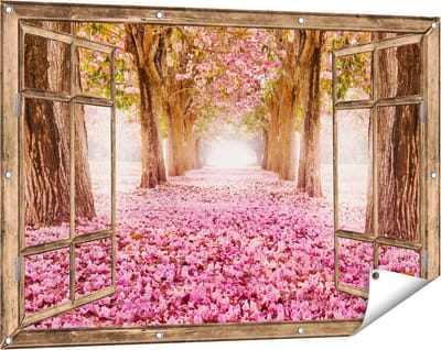 Gards Tuinposter Doorkijk Romantische Bomen Tunnel met Roze Anjers - 120x80 cm - Tuindoek - Tuindecoratie - Wanddecoratie buiten - Tuinschilderij