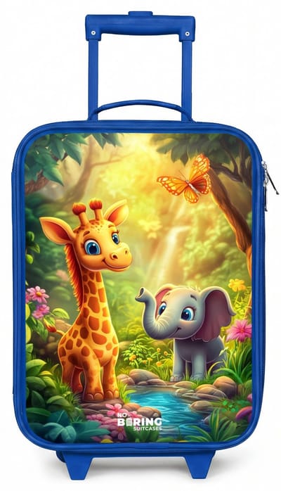 NoBoringSuitcases.com® - Kinderkoffer blauw - Kindertrolley jongen - Giraf en olifant bij beekje in de Jungle - Koffer kind lichtgewicht - Reiskoffer trolley voor kinderen - Koffertje met lichtgevende wieltjes - Rolkoffer