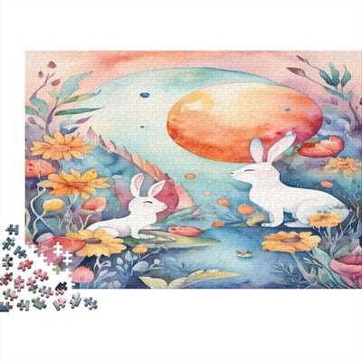 Houten Puzzel - Legpuzzel Konijn - Ontspannen Hersenkraker - Unieke Vorm Puzzelstukjes - 75 x 50 cm - Multicolor