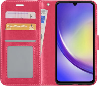 Hoesje - Met Pasjeshouder - Geschikt voor Samsung Galaxy A34 - Luxe Bookcase Portemonee - Flip Case - Kunstleer Book Case - Flipcase - Book Cover - Walletcase - Portemonneehoes - Donkerroze