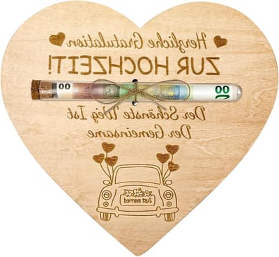 Verpakking voor geldgeschenken voor bruiloften: gepersonaliseerde houten hartjes en reageerbuis voor unieke huwelijksgeschenken