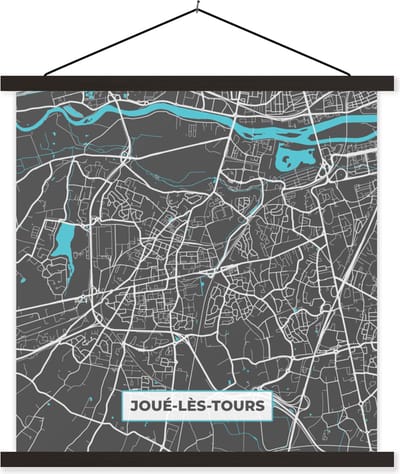 Posterhanger incl. Poster 60x60 cm - Schoolplaat - Frankijk - Joué-lès-Tours - Plattegrond - Kaart - Stadskaart - Textielposter - Zwarte latten - Stadskaart