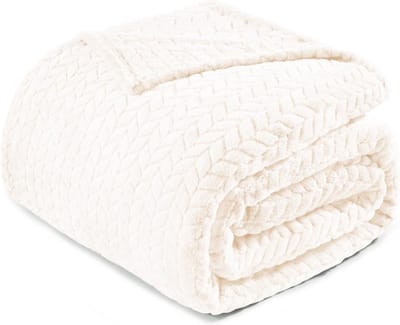 Queen size fleece deken 230 x 230 cm - Zachte jacquard geweven bladeren patroon - Ivoor kleurige pluche beddeken
