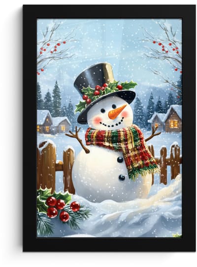 Poster in lijst - Fotolijst 20x30 cm - Posters - Sneeuwpop - Winterdorp - Kleurrijk - Posterlijst zwart - Decoratie - Wanddecoratie woonkamer - Muurdecoratie slaapkamer