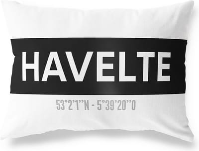 Tuinkussen HAVELTE - DRENTHE met coördinaten - Buitenkussen - Bootkussen - Weerbestendig - Jouw Plaats - Studio216 - Modern - Zwart-Wit - 50x30cm