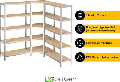 Life’s Green Stelling Set 90 cm - Opbergrek - Stellingkast - Hoekstelling - 2x Stelling 90 cm - 1x Hoekstelling 70 cm - Zilver - 30 cm