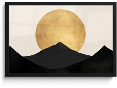 Poster in lijst - Fotolijst 60x40 cm - Posters - Bergsilhouetten - Gouden cirkel - Beige - Posterlijst zwart - Decoratie - Wanddecoratie woonkamer - Muurdecoratie slaapkamer