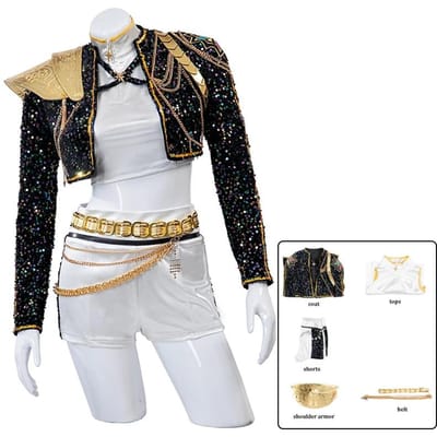 Halloween Rumi Cosplay Kostuum Pruik Zwarte Jas Zingpak Lied-Promotie Kostuum Dames Kids 140cm