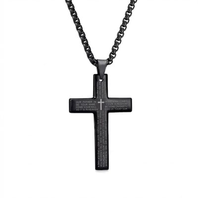 Zwartkleurige schakel ketting met kruis hanger en gegraveerde religieuze tekst – sieraad voor heren en dames