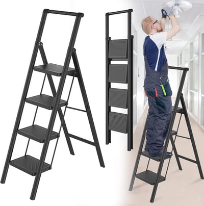 Vouw trapladder - Huishoudladder steiger - Veilig klussen thuis - Extra brede treden - 4 treden belastbaar - Zwart