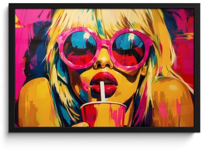 Poster in lijst - Fotolijst 60x40 cm - Posters - Zonnebril - Roze - Vrouw - Rietje - Posterlijst zwart - Decoratie - Wanddecoratie woonkamer - Muurdecoratie slaapkamer