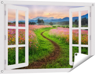 Gards Tuinposter Doorkijk Kosmos Bloemenveld met een Pad - Bloemen - 90x60 cm - Tuindoek - Tuindecoratie - Wanddecoratie buiten - Tuinschilderij