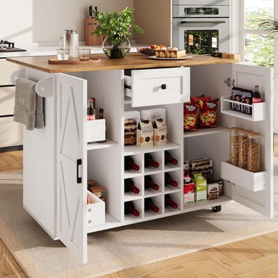 Keukeneiland met stretchfunctiekast en inklapbare plaat: mobiele keukentrolley wit met snack- en wijnrek, 5 wielen, multifunctionele eettafel uittrekbaar, 137,5 x 40 cm (65) x 95,6 cm, ideaal voor kleine ruimtes en extra opbergruimte