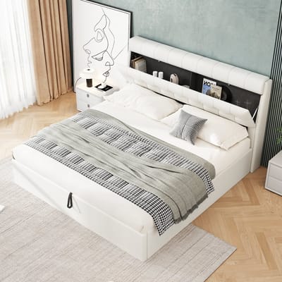 Gepolsterd Bed - 160x200 cm - Hydraulische Opbergruimte - Verborgen Hoofdbord - PU-Leder - Wit
