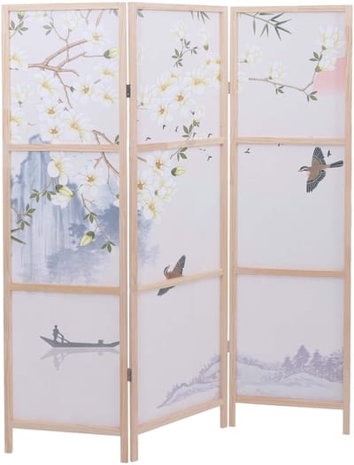 Paravent MCW-O70, scheidingswand, zichtbescherming, ruimteverdeling, natuurmotieven, hout, MVG, polyethyleen, 170 x 137 cm ~ rivierlandschap