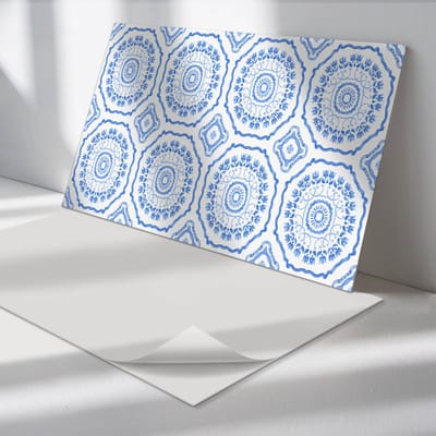 Wallfluent Vinyl Wandpaneel - Bloemenmotief in een cirkel Zelfklevend Wandpaneel - 100 cm x 50 cm - Blauw PVC wandpaneel - Set van 1 - Rechthoekig Wandbekleding Vinyl - Patroon Wandpaneel - PVC Muurpaneel - Wandpaneel Keuken en Badkamer