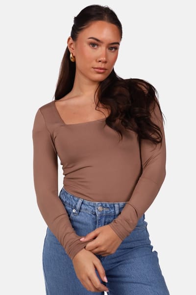 Getdrezzed Top - Maat: M - Longsleeve body vierkante hals lichtbruin