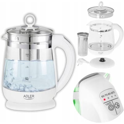 Glazen waterkoker van 1,5 liter met zetgroep en temperatuurinstelling. 60-100 ° C, LED, 2200 W - Adler AD 1299