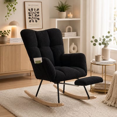 Schommelstoel -schommelbank - schommelstoel babykamer - schommelstoel volwassenen - Relaxfauteuil - Zijvakken - Metalen frame - voetpedaal - Teddyfleece materiaal - voorzien van vloerbeschermende viltstrips - Zwart