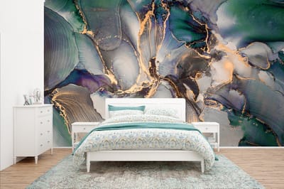 Behang - Fotobehang Goud - Blauw - Marmer - Breedte 435 cm x hoogte 260 cm