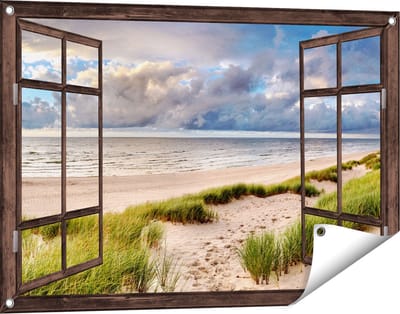 Gards Tuinposter Doorkijk Strand en Duinen met Bewolking - 90x60 cm - Tuindoek - Tuindecoratie - Wanddecoratie buiten - Tuinschilderij