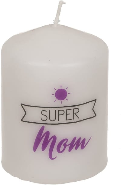 Dailygoody - Witte stompkaars met opschrift & motief, tafeldecoratie, ca. 27 uur brandtijd, ca. Ø 6 x 8 cm (Super Mom)