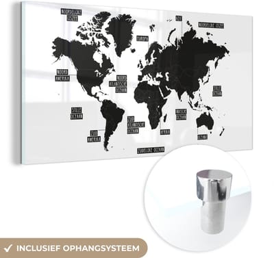 ® Glasschilderij 160x80 cm - Schilderij acrylglas - Wereldkaart - Topografie - Zwart - Foto op glas - Muurdecoratie woonkamer - Wanddecoratie slaapkamer - Schilderijen