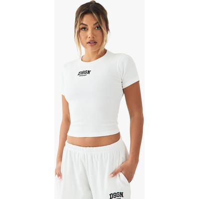 boohoo Dames DSGN Studio Collegiate Borduurde Rib Baby T-shirt | White | Maat: 22