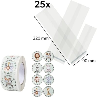 25x Uitdeelzakjes met Jungle stickers | 220 x 90 mm | Traktatiezakjes | Kinderfeestje | Cellofaanzakjes | Cadeauzakjes | Snoepzakjes | Plastic Zakjes | Uitdeelzakjes kinderen | Cadeauzakjes Kinderen | Verpakkingszakjes Uitdeelcadeaus