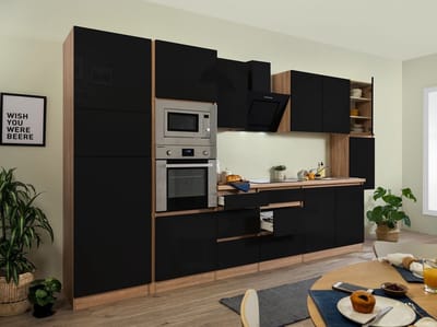 Goedkope keuken 385  cm - complete keuken met apparatuur Lorena  - Eiken/Zwart - soft close - keramische kookplaat    - afzuigkap - oven - magnetron  - spoelbak