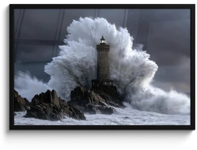 Poster in lijst - Fotolijst 90x60 cm - Posters - Golf - Vuurtoren - Schuimend water - Posterlijst zwart - Decoratie - Wanddecoratie woonkamer - Muurdecoratie slaapkamer
