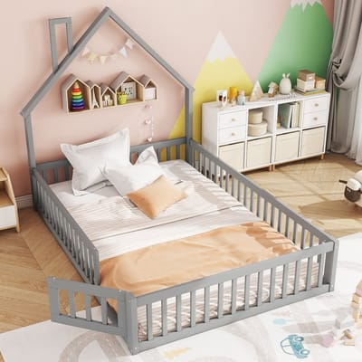 DESMIU Kinderbed 140x200 cm – Schoorsteenvorm Met Veiligheidshek – Inclusief Lattenbodem – Zonder Matras – Voor Kinderkamer – Grenenhout En MDF – Grijs