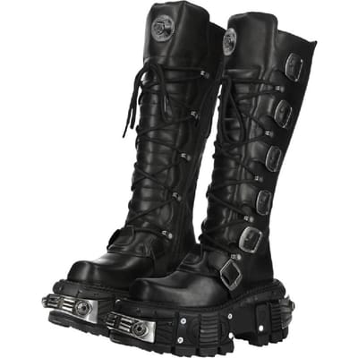 Metalen Gesp Vierkante Neus Knielange Laarzen Dames Zwart PU Leer Punk Lange Laarzen Vrouw Herfst Chunky Hakken Motorlaarsjes 36 black