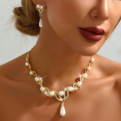 3-delige Dames Mode Trend Parel Druppel Ketting Oorbellen Sieradenset Bruiloft Banket Feest Festival Cadeau Gold brown