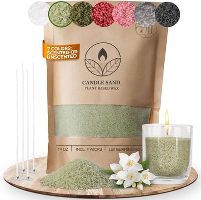Geurkaars Zand Set - 400g Geurgranulaat met 4 Inclusief Professionele Waxdozen Lonten - DIY Kaarsen Maken - Lichtgroen Jasmijn