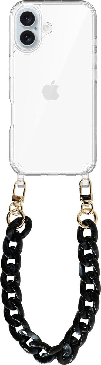xoxo Wildhearts siliconen hoesje - Geschikt voor iPhone 16 - Marble Black - Kort Koord - Telefoonhoesje - Hoesje met koord - telefoonkoord - Transparant hoesje - Kort zwart marmerprint koord