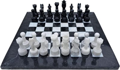 Marmeren schaakspel - Schaakbord met figuren - Strategisch spel - Handgemaakt natuurproduct - 365 cm - Zwart witgrijs