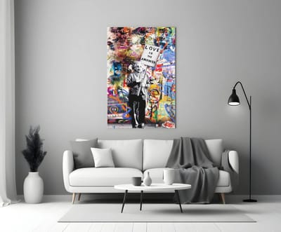Glasschilderij - Graffiti - Einstein - Love is The Answer - Kleurrijke Schilderij - 140x90 cm