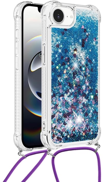 Coverup Hoesje - Geschikt voor iPhone 16e / 17e Hoesje - Coverup Liquid Glitter Back Cover met Koord - Blauw
