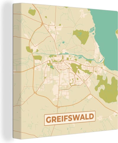 Canvas Schilderij Kaart - Greifswald - Vintage - Plattegrond - Stadskaart - 20x20 cm - Wanddecoratie