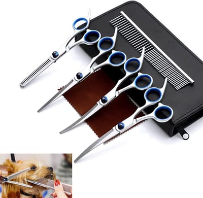 Trimschaarset voor huisdieren - Professionele trimset voor huisdieren - 5-delige set - Inclusief uitdunschaar - Uitdunschaar voor huisdieren - Uitdungereedschap - Universele trimschaar voor honden en katten - Roestvrij staal - Blauw