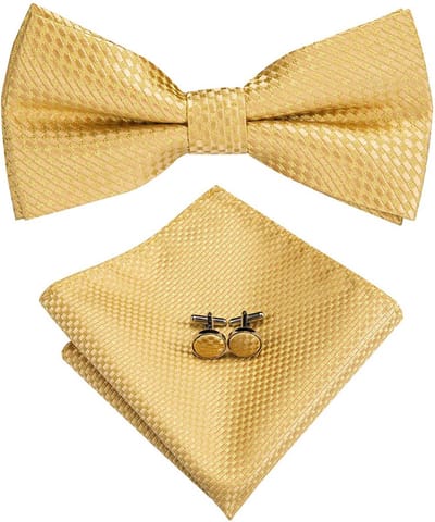 Sorprese Vlinderdas Set - Inclusief Pochet en Manchetknopen - 100% Zijde - Ruit Goud - Luxe Heren Accessoireset - Strik - Vlinderstrik