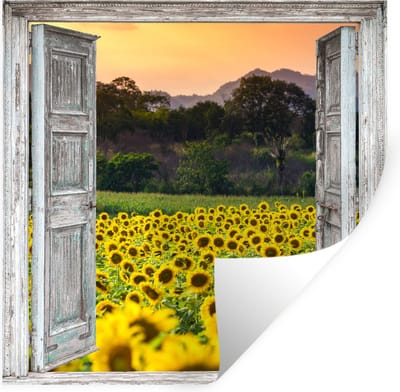 Muurstickers - Sticker Folie - Zonnebloem - Avond - Bloemen - Doorkijk - 100x100 cm - Plakfolie - Muurstickers Kinderkamer - Zelfklevend Behang XXL - Zelfklevend behangpapier - Stickerfolie