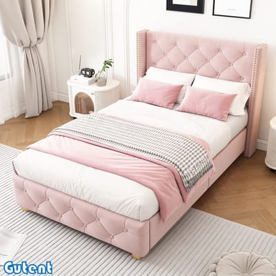 Gutent Gestoffeerd bed - 90*200 cm - met lattenbodem en hoofdeinde - Bekleding met knopen - Bekleding met klinknagels - Houten poten - Fluweel - Roze- Zonder matras