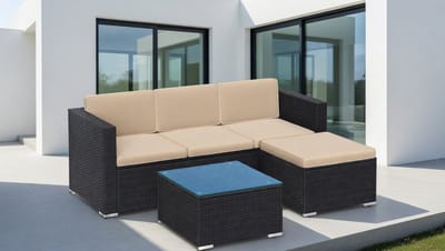 Loungeset tuin 4-delig met hoekbank, hocker en glazen tafel 3-zits – 200 x 140 x 65 cm – Zwart En Taupe rotan balkonset modern weerbestendig – NoviHome