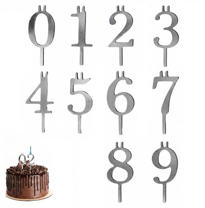 Cijfer Taart Toppers Set 0-9 van RVS - Cijfer Kaarshouders - Taart Versieren - Herbruikbare Verjaardag Taartversiering - Roestvrij Staal Taart Prikkers voor Verjaardagen, Jubilea & Feesten - Zilver