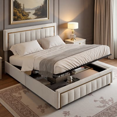 Tweepersoonsbed 140x200cm – Beige – Opbergbed met Gasveer – Ruimtebesparend Bed